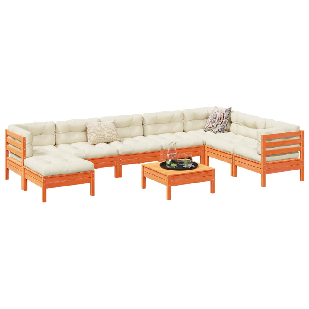 Set Divani Giardino 9 pz con Cuscini Marrone Cera Massello Pino | homemem39
