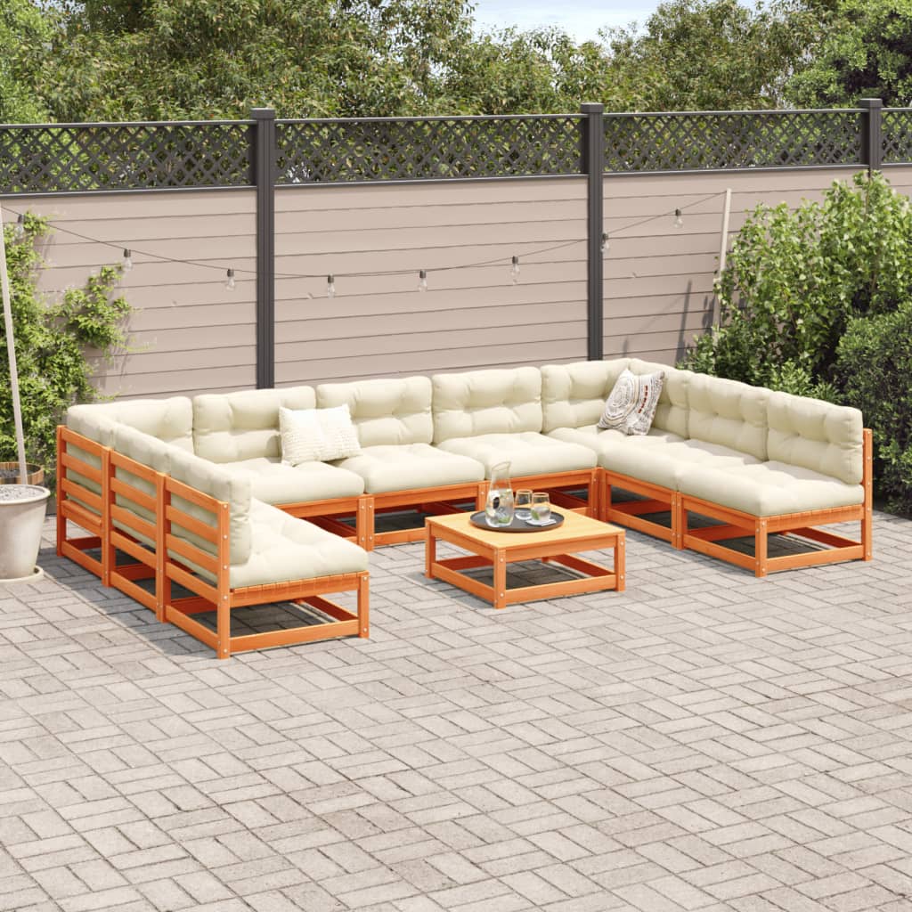 Set Divani Giardino 10pz con Cuscini Marrone Cera Massello Pino - homemem39