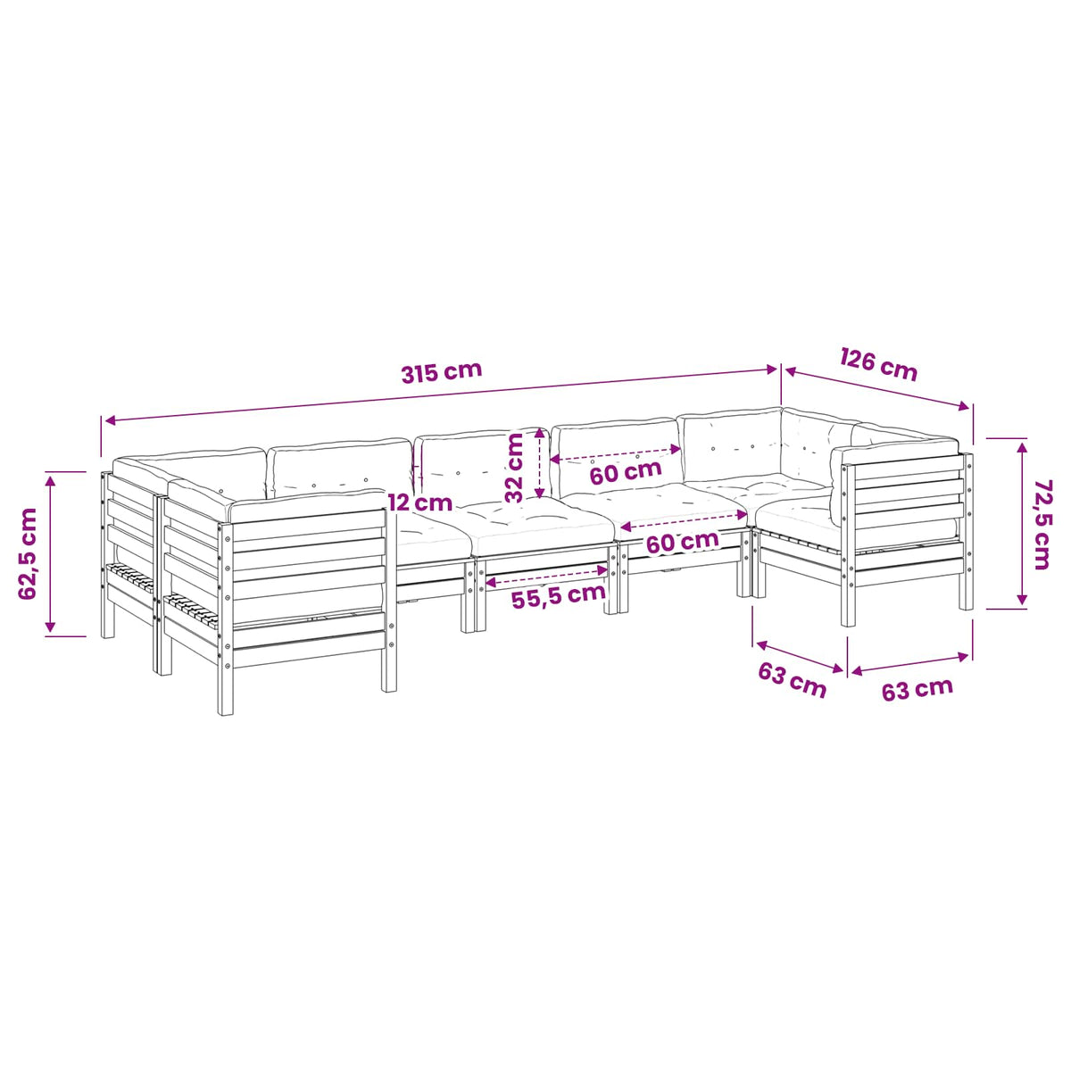 Set Divani da Giardino 7pz con Cuscini Legno Impregnato di Pino