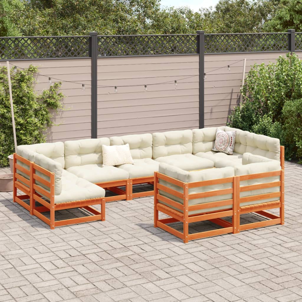 Set Divani Giardino 9 pz con Cuscini Marrone Cera Massello Pino | homemem39