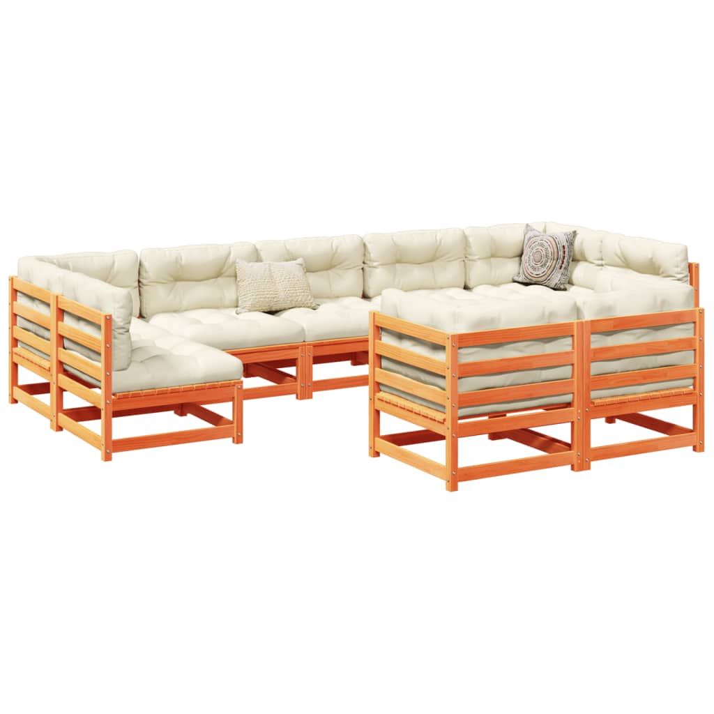 Set Divani Giardino 9 pz con Cuscini Marrone Cera Massello Pino | homemem39