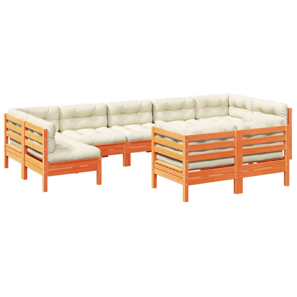 Set Divani Giardino 9 pz con Cuscini Marrone Cera Massello Pino - homemem39