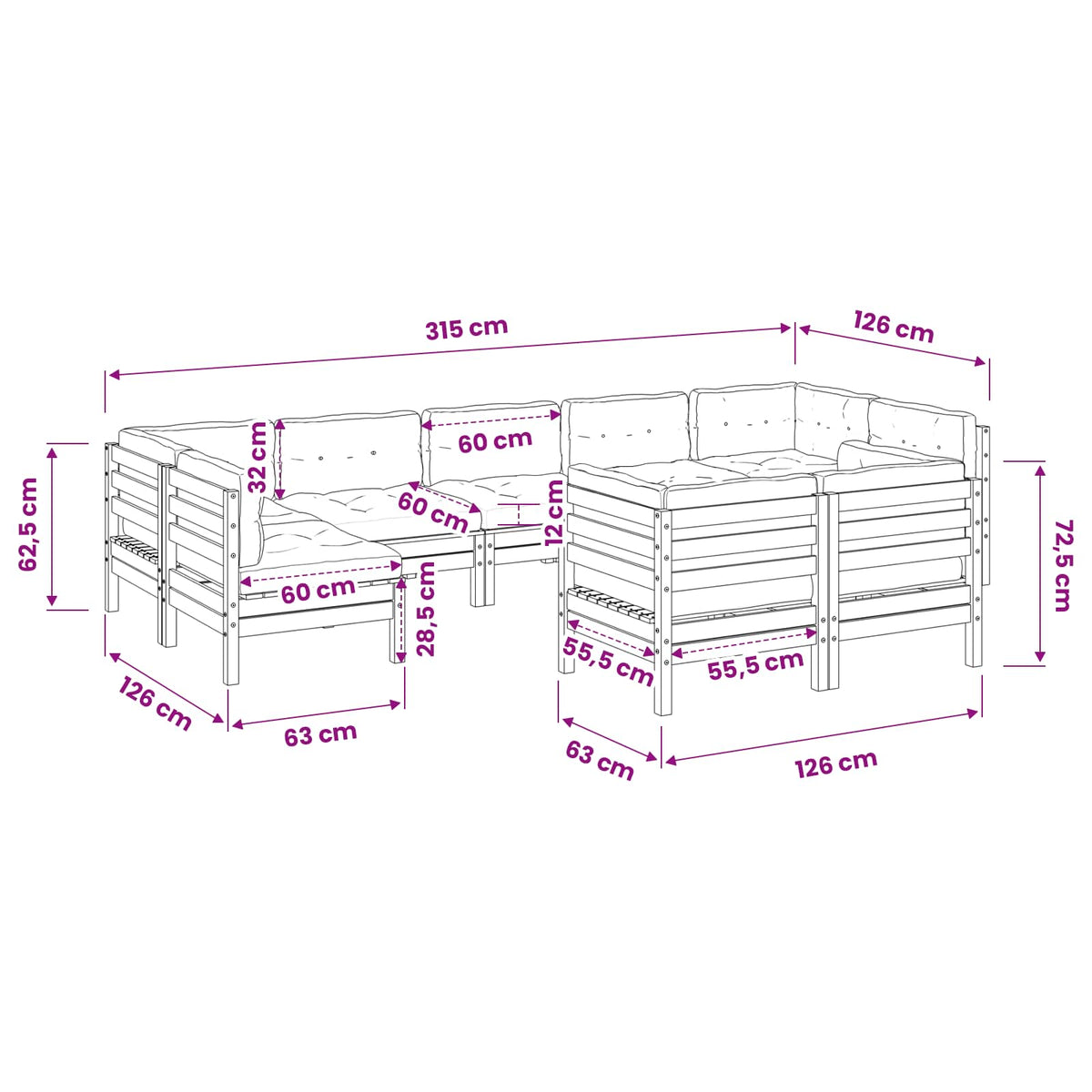 Set Divani da Giardino 9pz con Cuscini Legno Impregnato di Pino