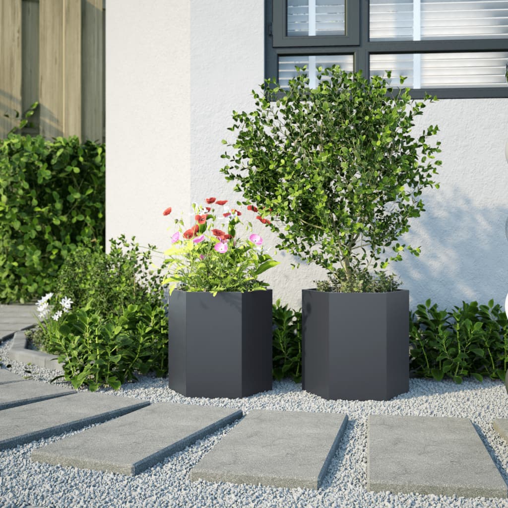 Fioriere da Giardino 2 pz Antracite Esagono 46x40x45 cm Acciaio - homemem39