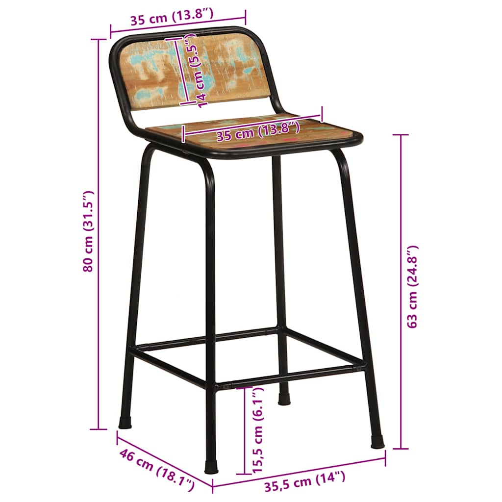 Sgabelli da Bar 2 pz 46x35,5x80 cm Legno Massello di Recupero | homemem39