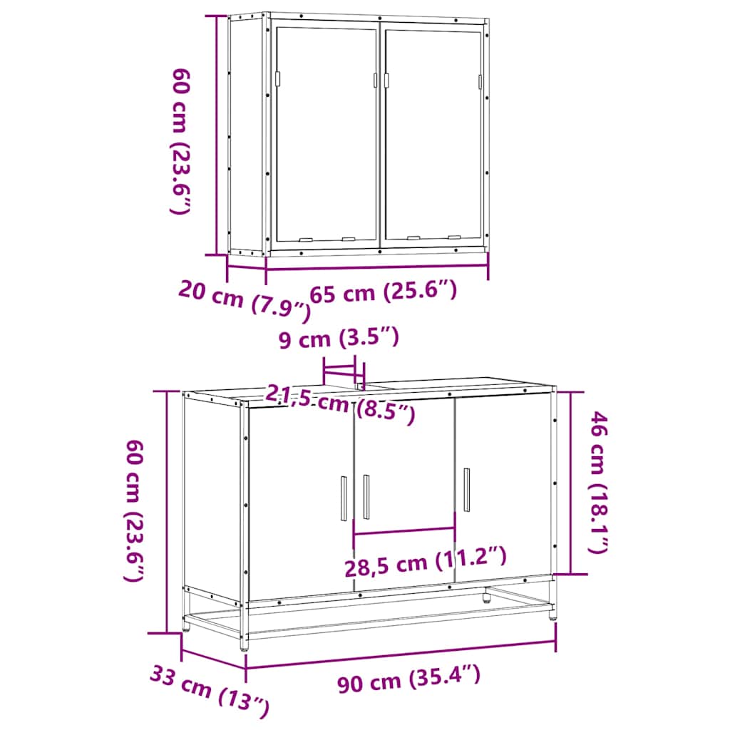 Set Mobili da Bagno 2 pz Rovere Fumo in Legno Multistrato | homemem39