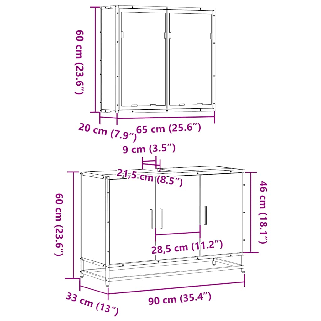 Set Mobili da Bagno 2 pz Grigio Sonoma in Legno Multistrato | homemem39