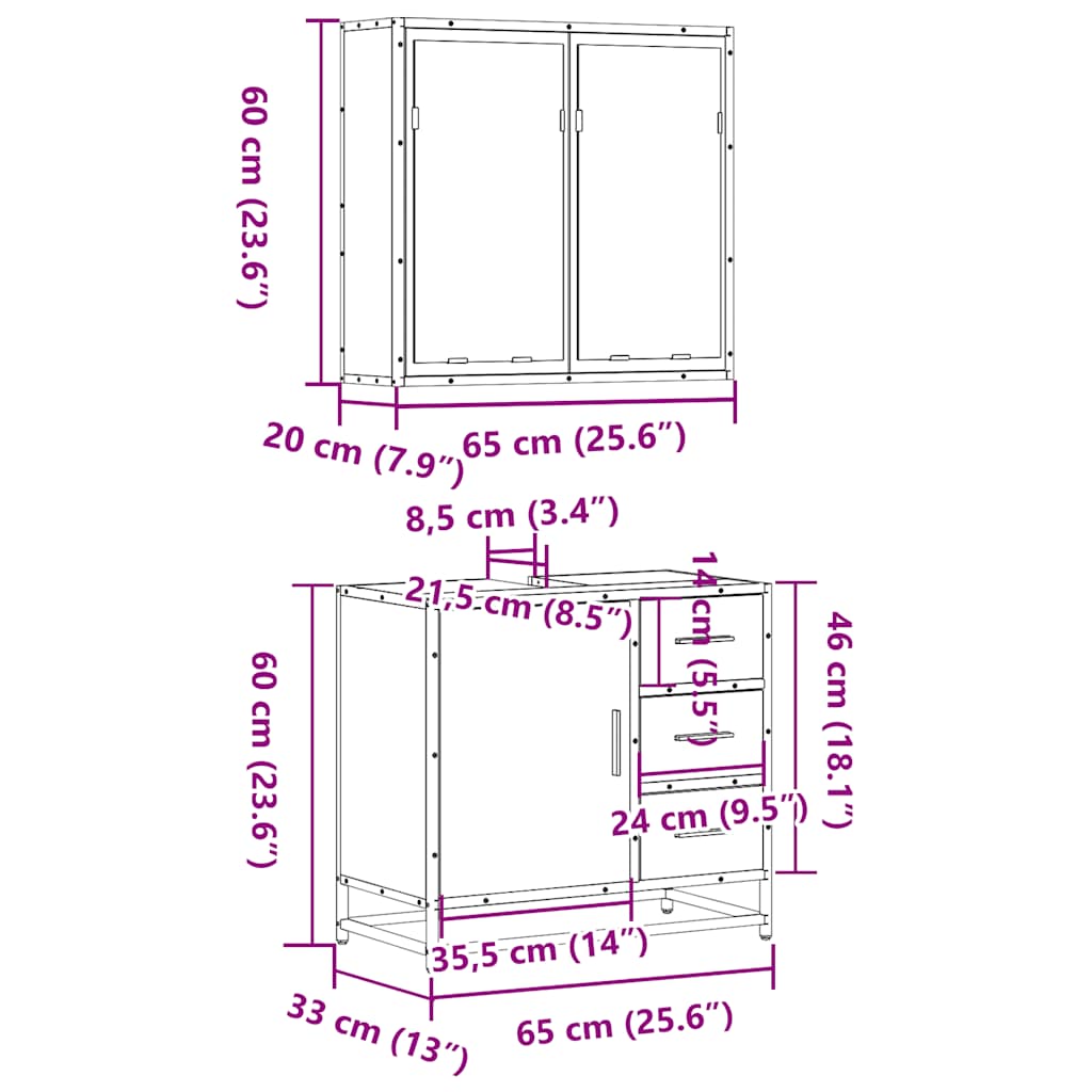 Set Mobili da Bagno 2 pz Rovere Fumo in Legno Multistrato | homemem39