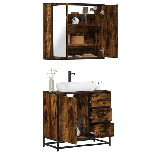 Set Mobili da Bagno 2 pz Rovere Fumo in Legno Multistrato | homemem39