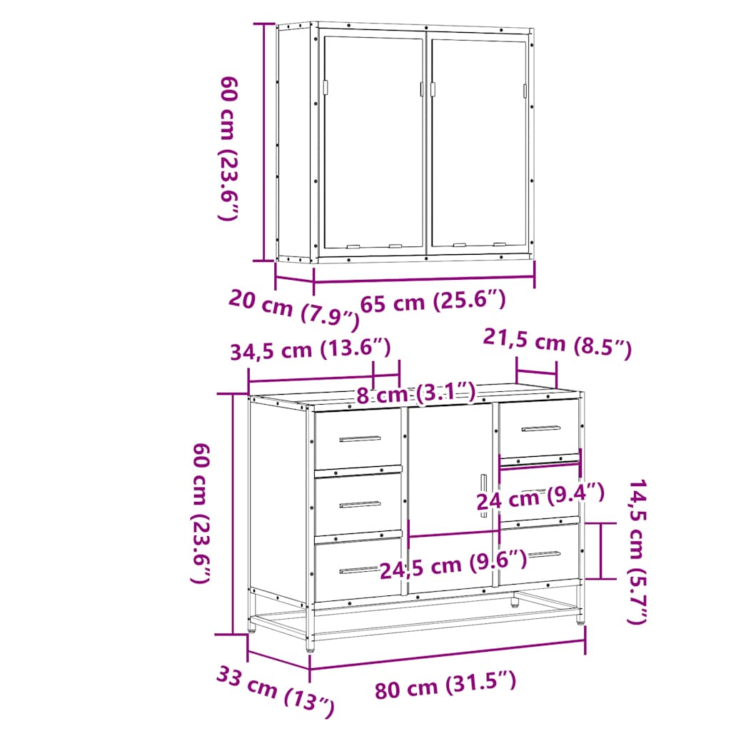Set Mobili da Bagno 2 pz Rovere Sonoma in Legno Multistrato | homemem39
