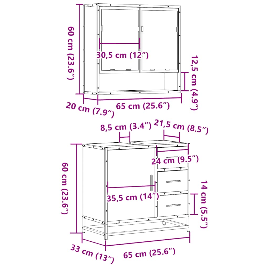 Set Mobili da Bagno 2 pz Rovere Sonoma in Legno Multistrato | homemem39