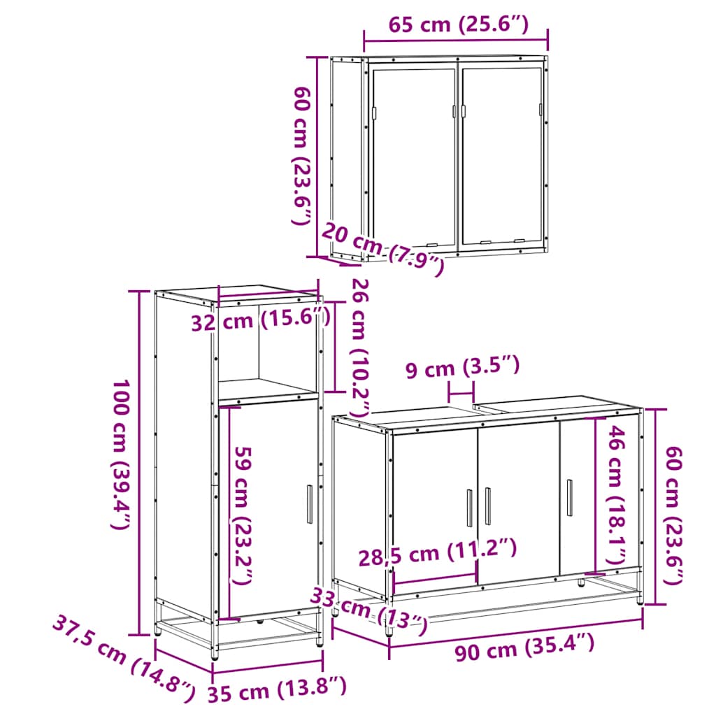 Set Mobili da Bagno 3 pz Rovere Fumo in Legno Multistrato | homemem39