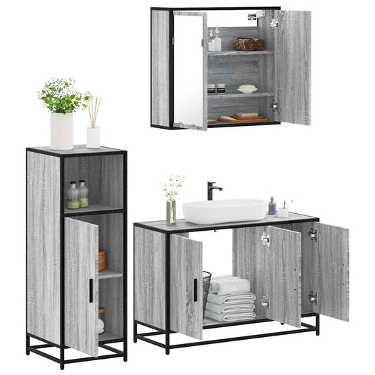 Set Mobili da Bagno 3 pz Grigio Sonoma in Legno Multistrato | homemem39