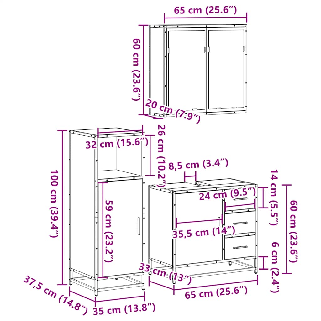 Set Mobili da Bagno 3 pz Rovere Sonoma in Legno Multistrato | homemem39