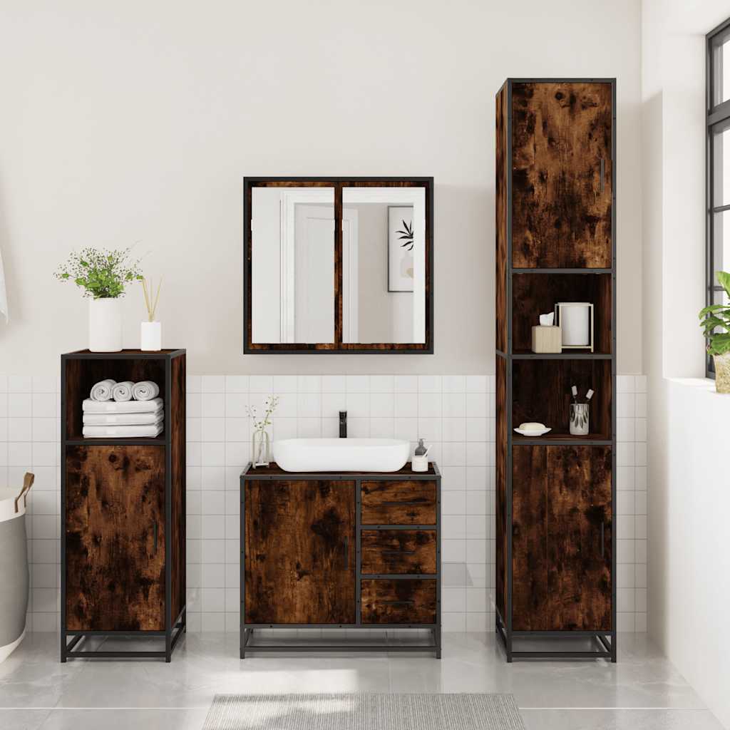 Set Mobili da Bagno 3 pz Rovere Fumo in Legno Multistrato | homemem39