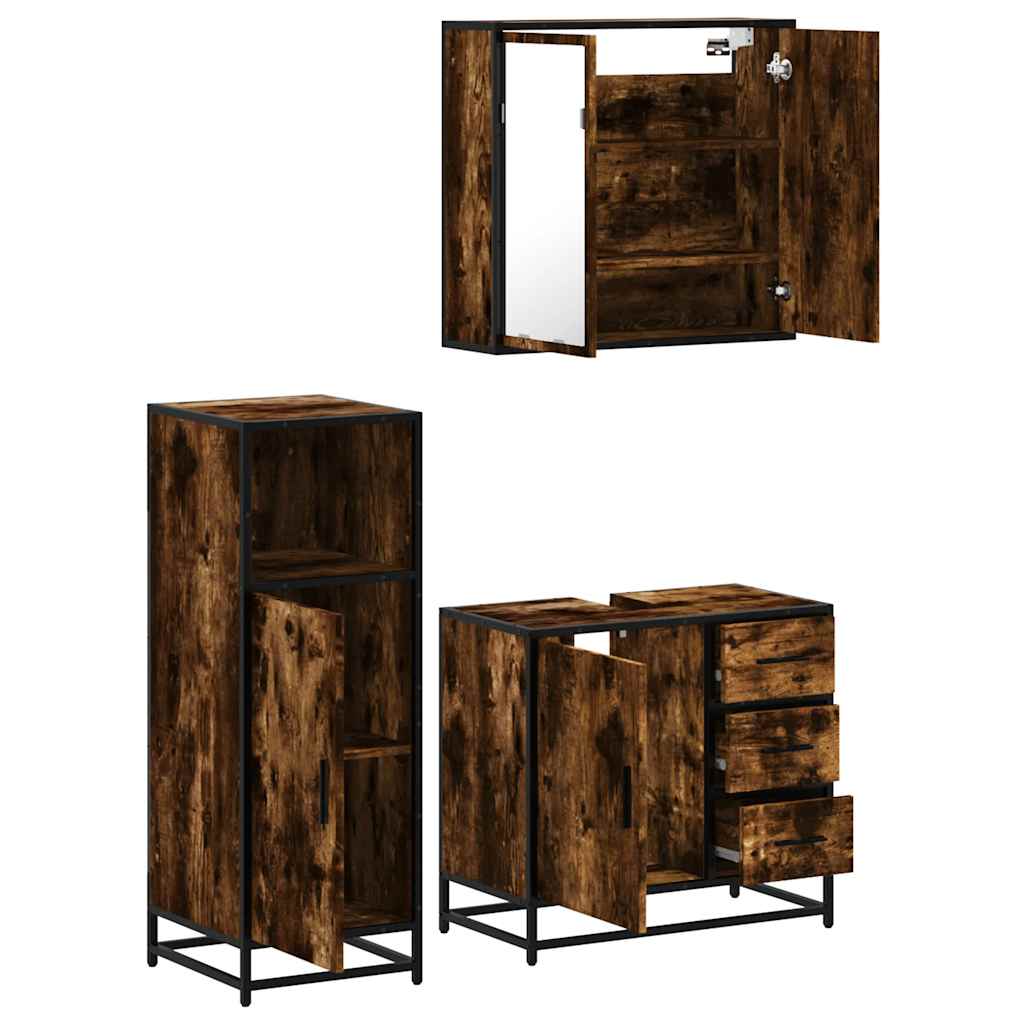 Set Mobili da Bagno 3 pz Rovere Fumo in Legno Multistrato | homemem39