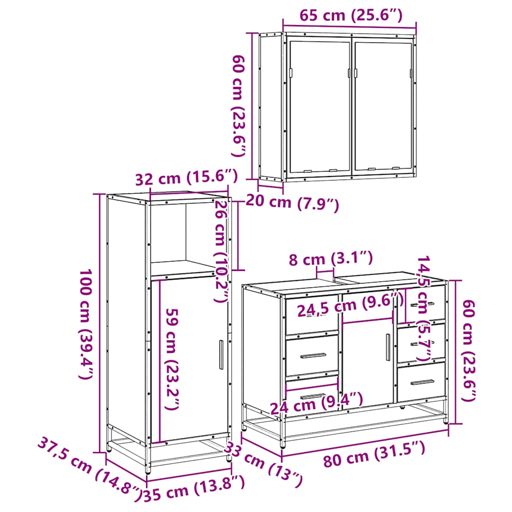 Set Mobili da Bagno 3 pz Rovere Sonoma in Legno Multistrato | homemem39
