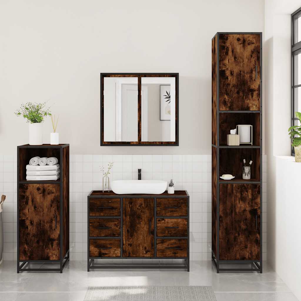 Set Mobili da Bagno 3 pz Rovere Fumo in Legno Multistrato | homemem39