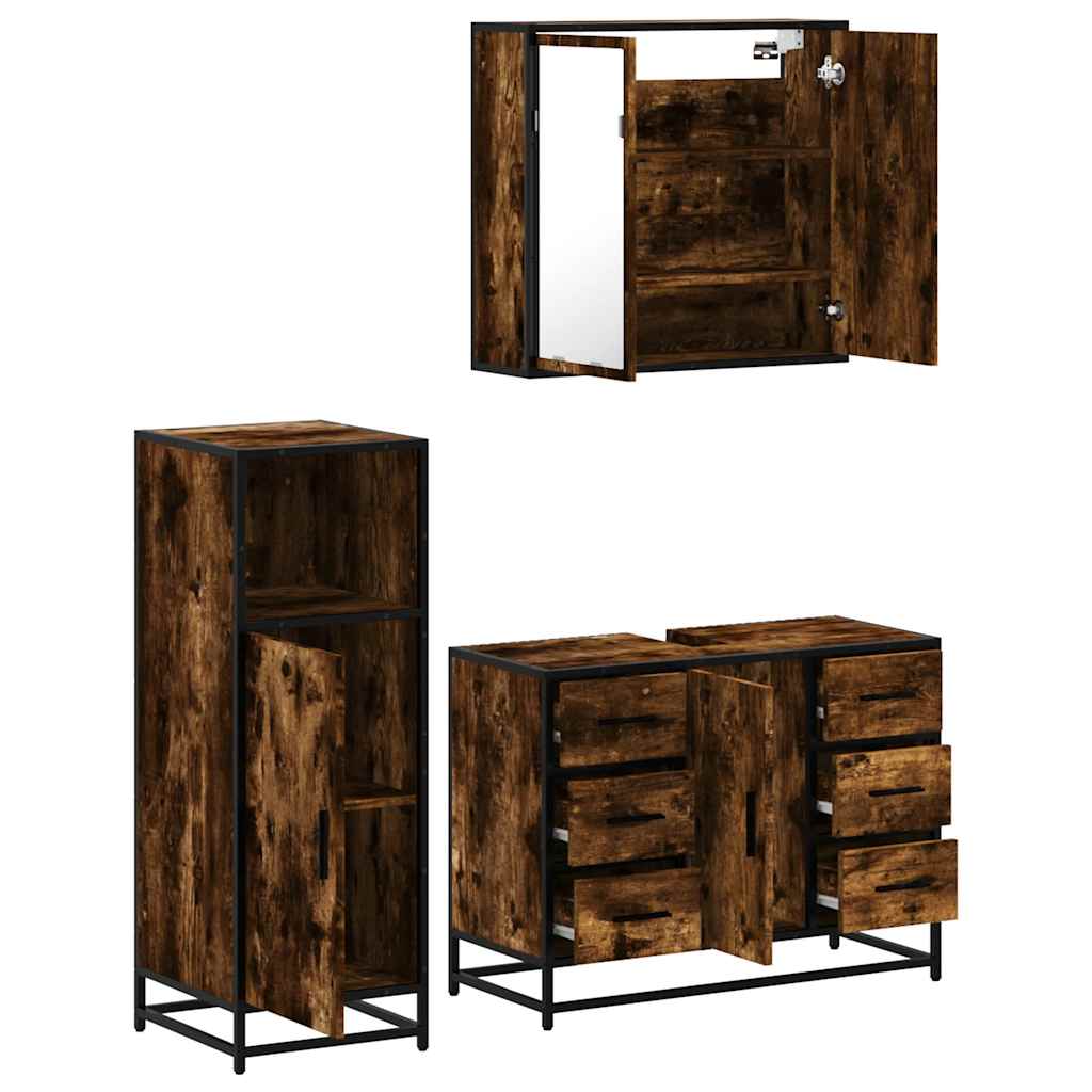 Set Mobili da Bagno 3 pz Rovere Fumo in Legno Multistrato | homemem39
