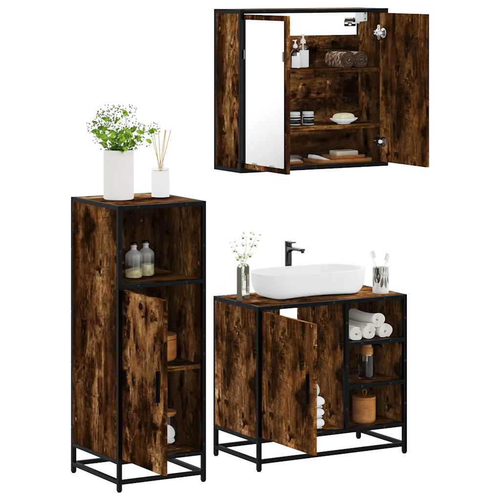 Set Mobili da Bagno 3 pz Rovere Fumo in Legno Multistrato | homemem39