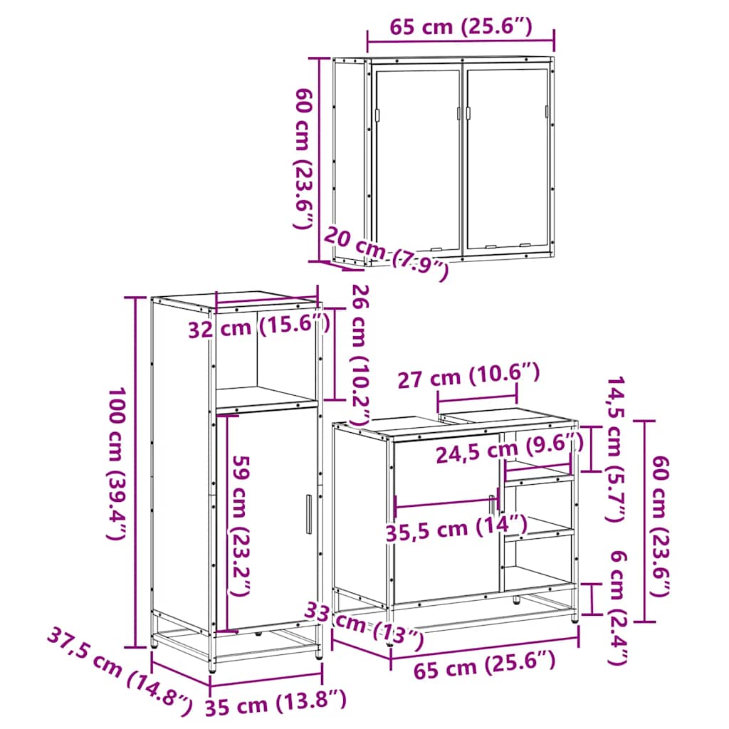 Set Mobili da Bagno 3 pz Grigio Sonoma in Legno Multistrato | homemem39