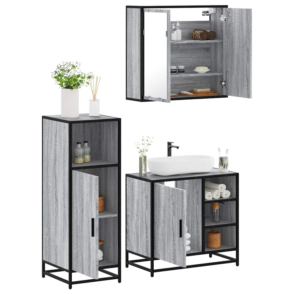 Set Mobili da Bagno 3 pz Grigio Sonoma in Legno Multistrato | homemem39