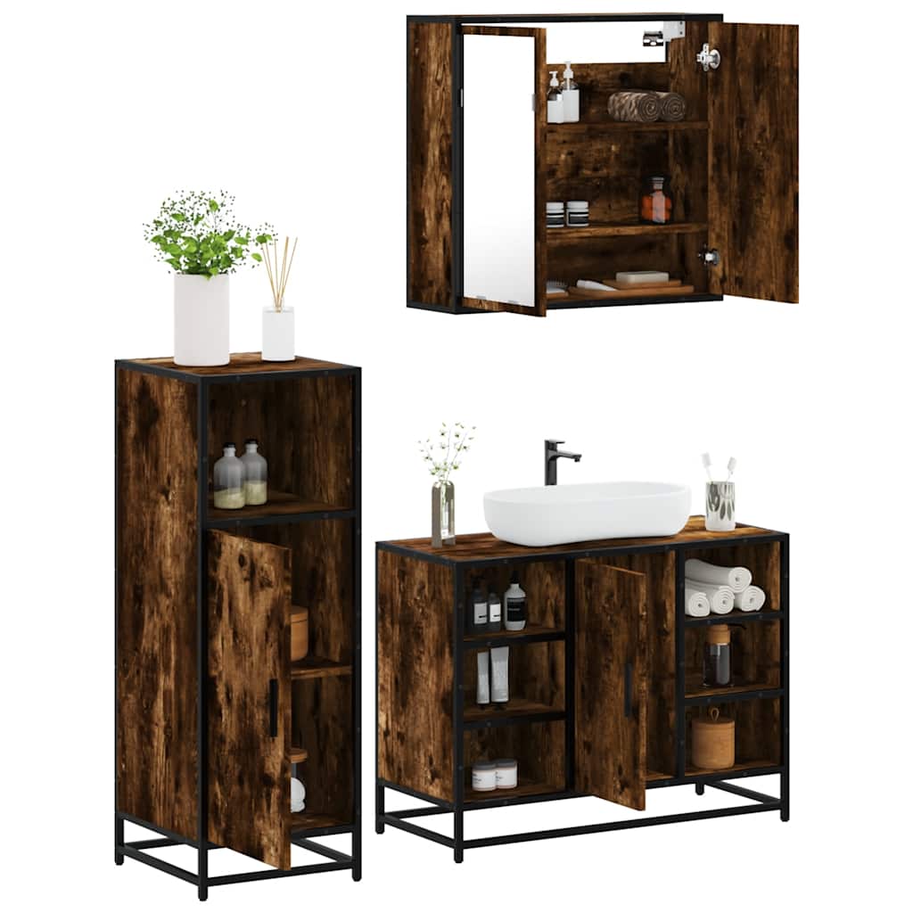 Set Mobili da Bagno 3 pz Rovere Fumo in Legno Multistrato | homemem39