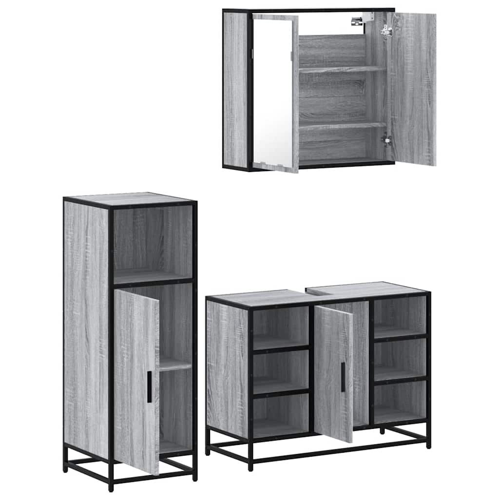Set Mobili da Bagno 3 pz Grigio Sonoma in Legno Multistrato | homemem39