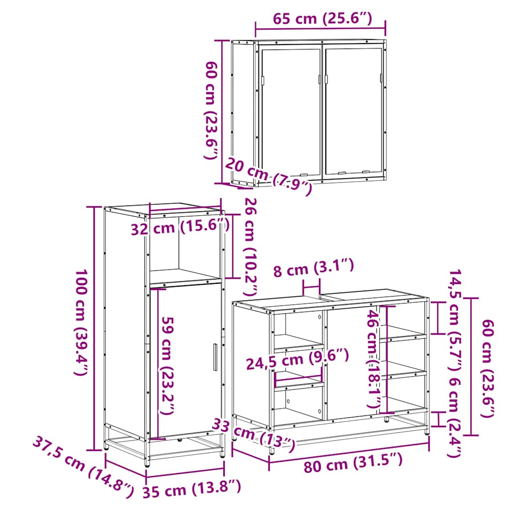 Set Mobili da Bagno 3 pz Grigio Sonoma in Legno Multistrato | homemem39