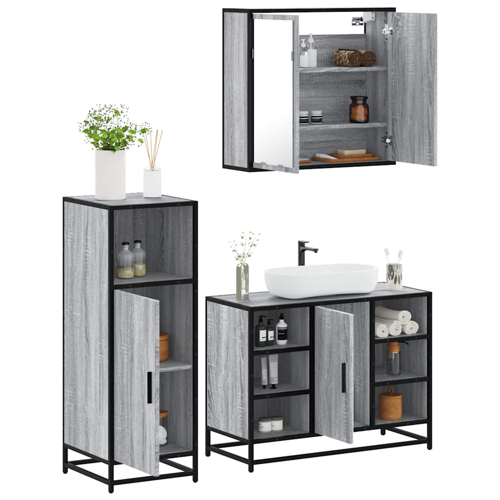 Set Mobili da Bagno 3 pz Grigio Sonoma in Legno Multistrato | homemem39