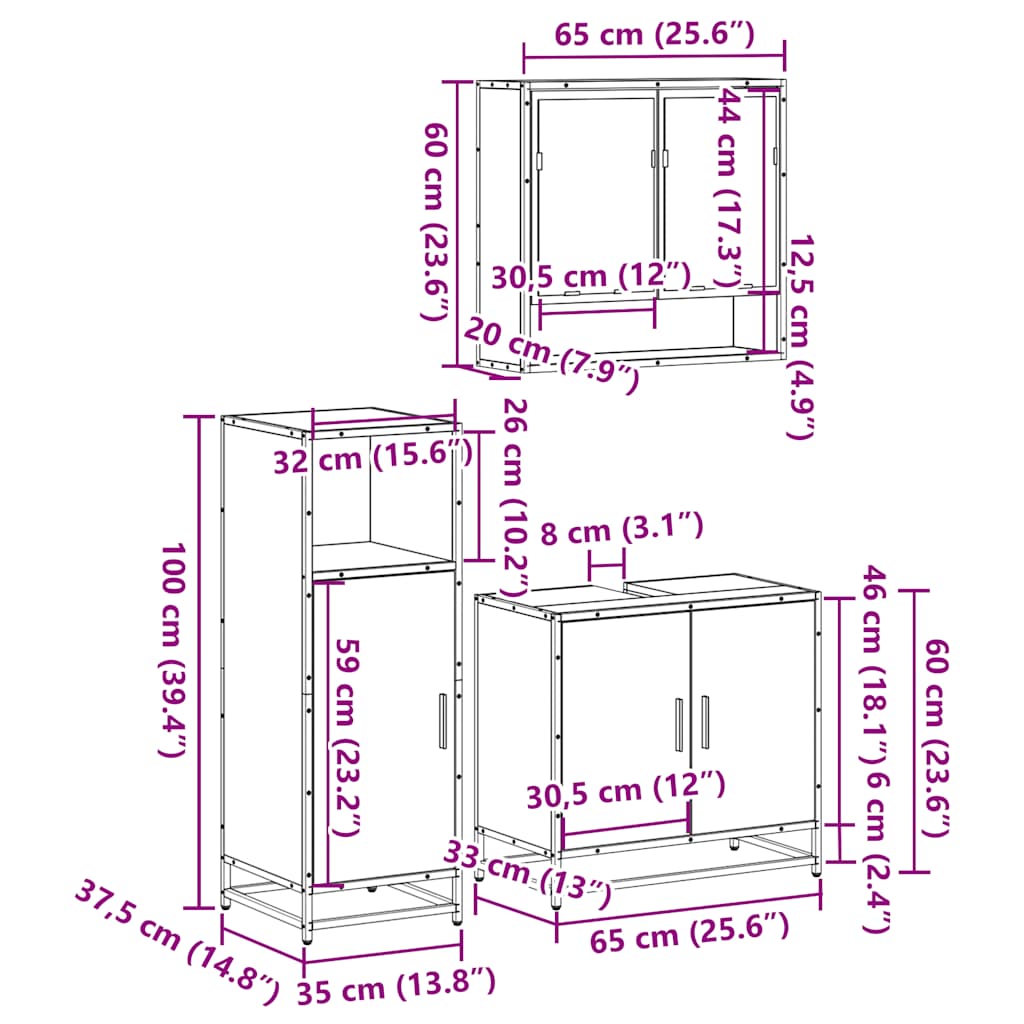 Set Mobili da Bagno 3 pz Grigio Sonoma in Legno Multistrato | homemem39