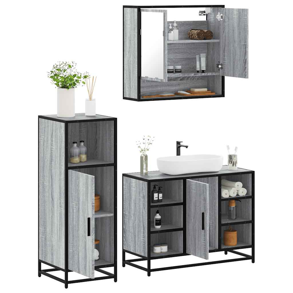 Set Mobili da Bagno 3 pz Grigio Sonoma in Legno Multistrato | homemem39