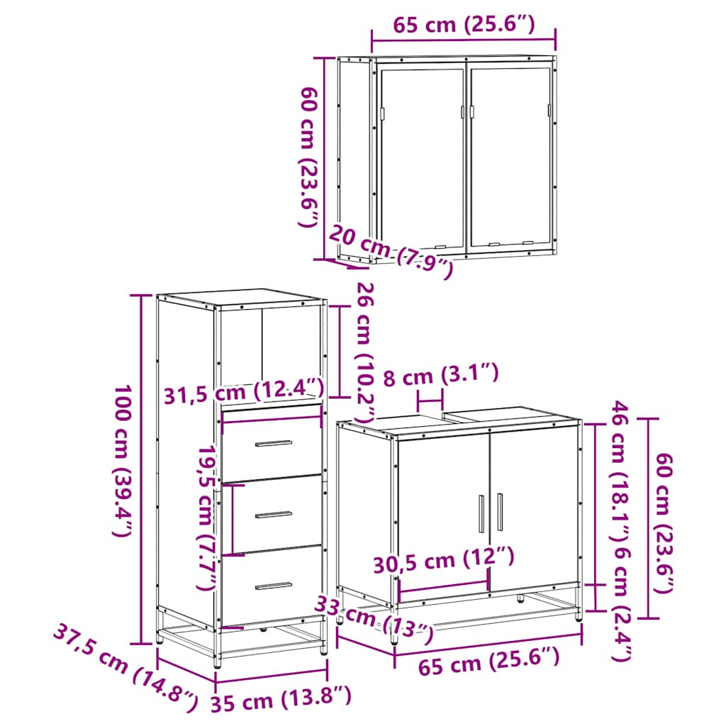 Set Mobili da Bagno 3 pz Rovere Sonoma in Legno Multistrato | homemem39