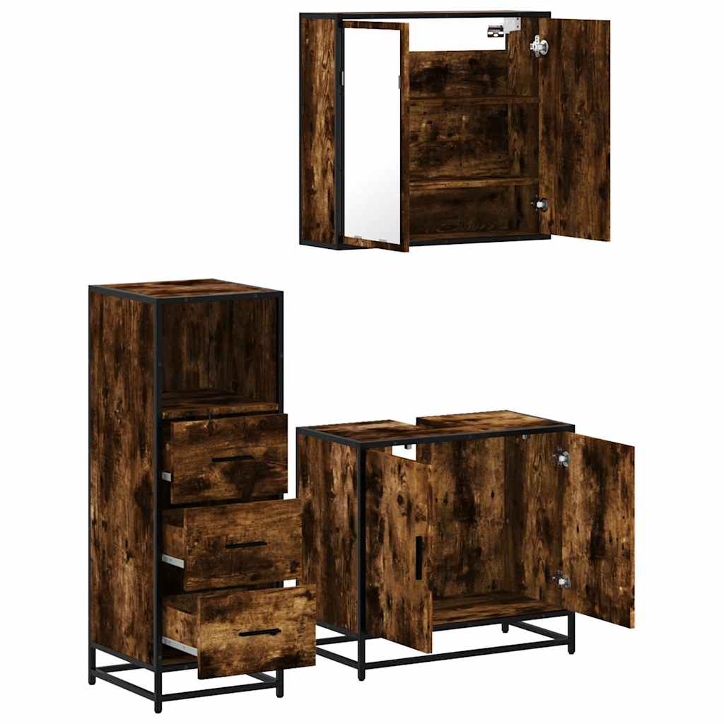 Set Mobili da Bagno 3 pz Rovere Fumo in Legno Multistrato | homemem39