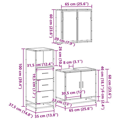 Set Mobili da Bagno 3 pz Grigio Sonoma in Legno Multistrato | homemem39