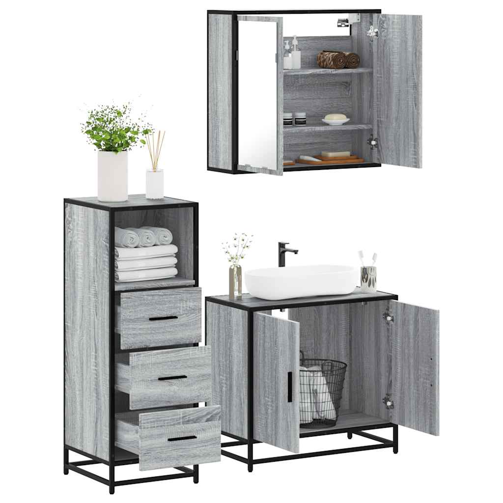Set Mobili da Bagno 3 pz Grigio Sonoma in Legno Multistrato