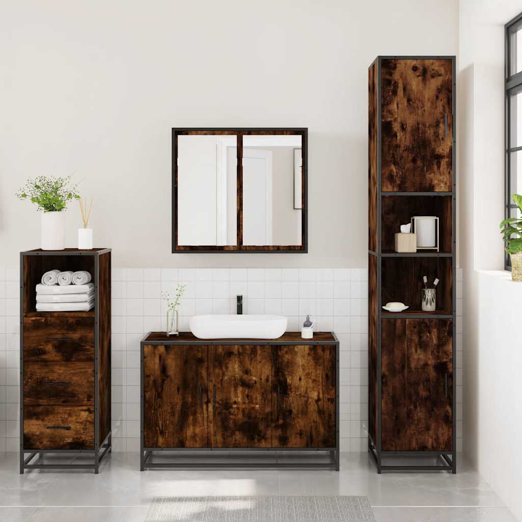 Set Mobili da Bagno 3 pz Rovere Fumo in Legno Multistrato | homemem39