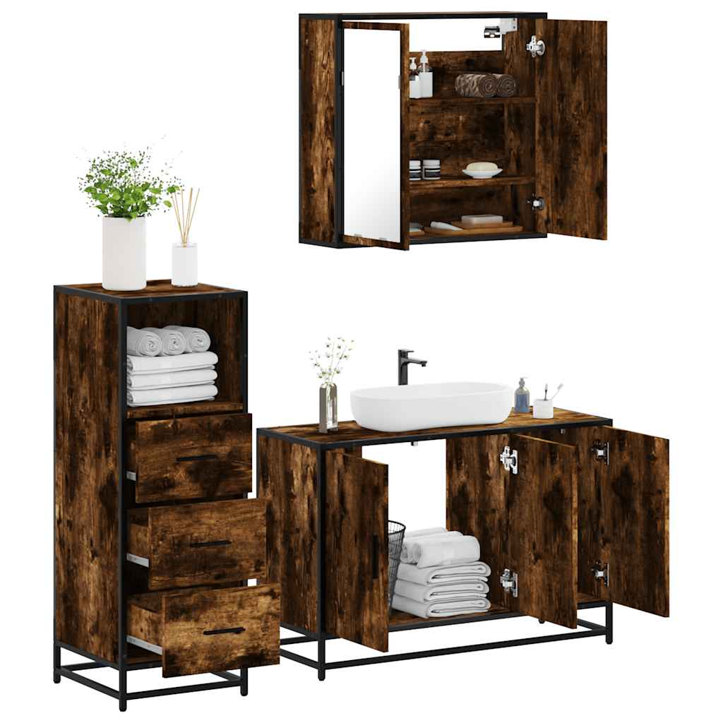 Set Mobili da Bagno 3 pz Rovere Fumo in Legno Multistrato | homemem39