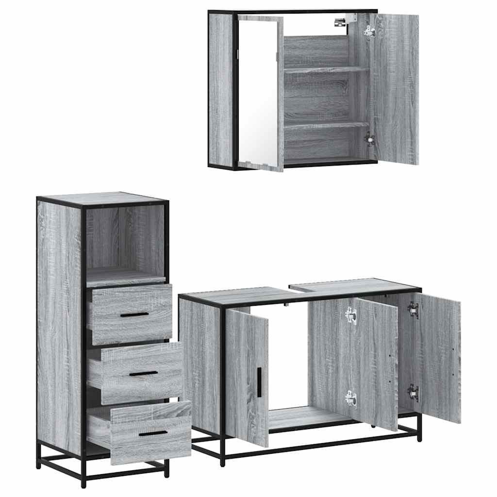 Set Mobili da Bagno 3 pz Grigio Sonoma in Legno Multistrato | homemem39