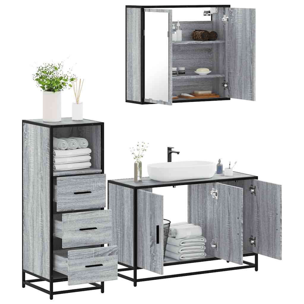 Set Mobili da Bagno 3 pz Grigio Sonoma in Legno Multistrato | homemem39