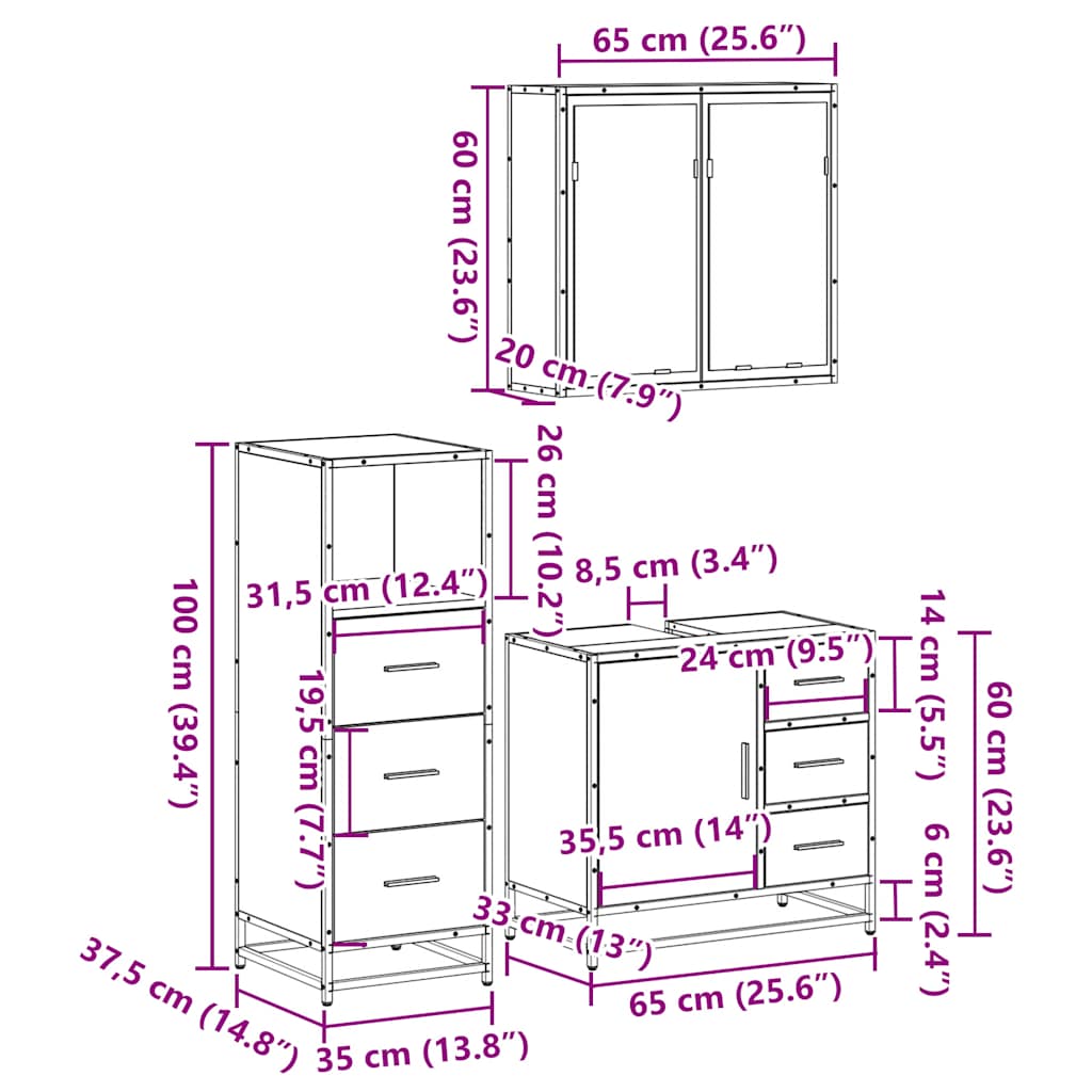 Set Mobili da Bagno 3 pz Rovere Sonoma in Legno Multistrato | homemem39