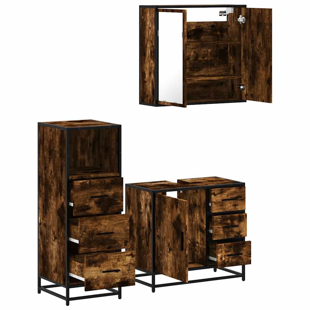 Set Mobili da Bagno 3 pz Rovere Fumo in Legno Multistrato | homemem39