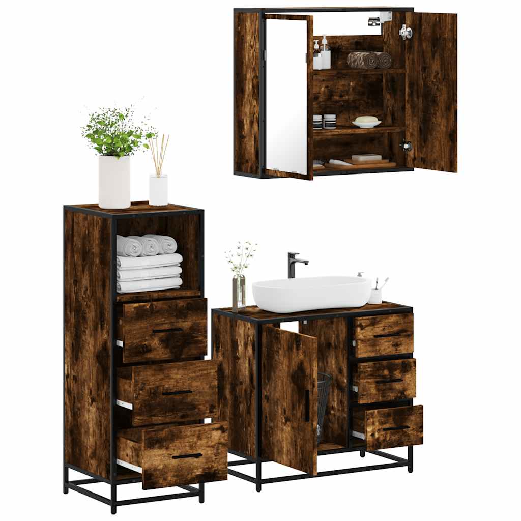 Set Mobili da Bagno 3 pz Rovere Fumo in Legno Multistrato | homemem39