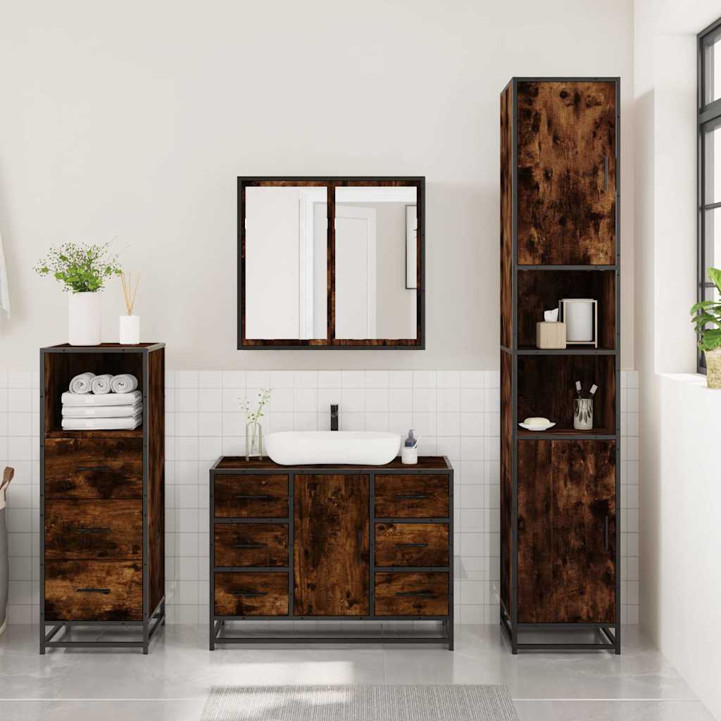 Set Mobili da Bagno 3 pz Rovere Fumo in Legno Multistrato | homemem39
