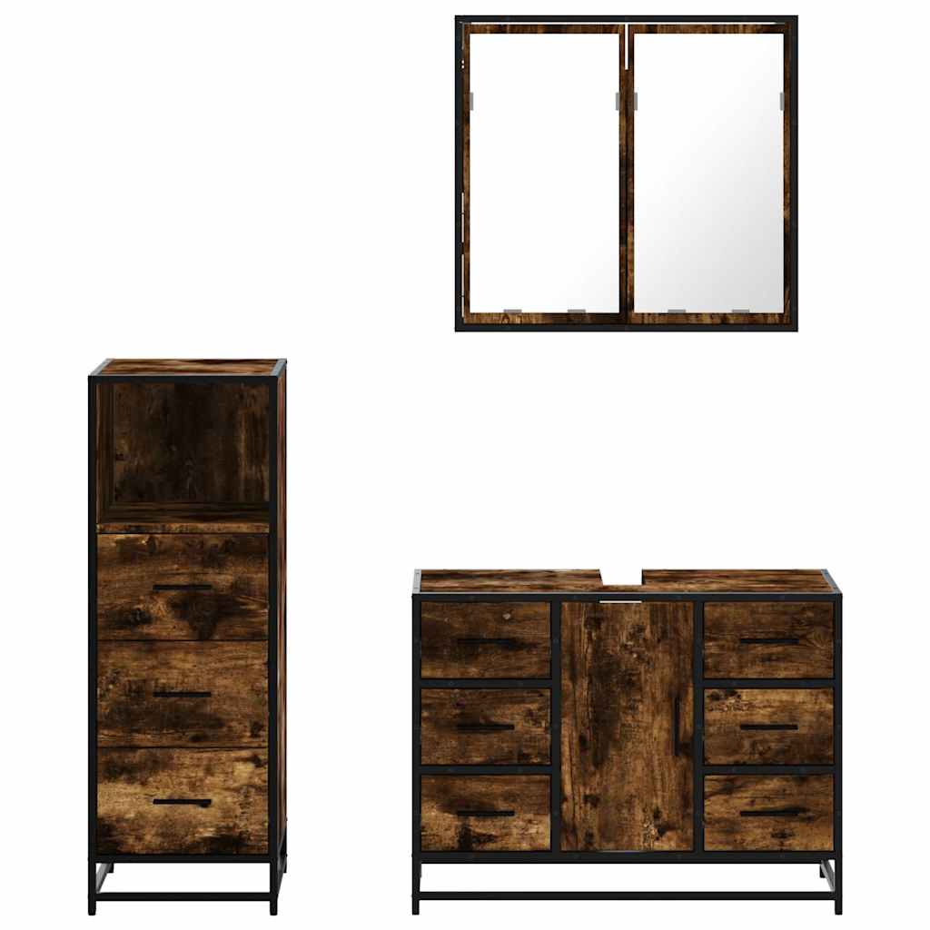 Set Mobili da Bagno 3 pz Rovere Fumo in Legno Multistrato | homemem39