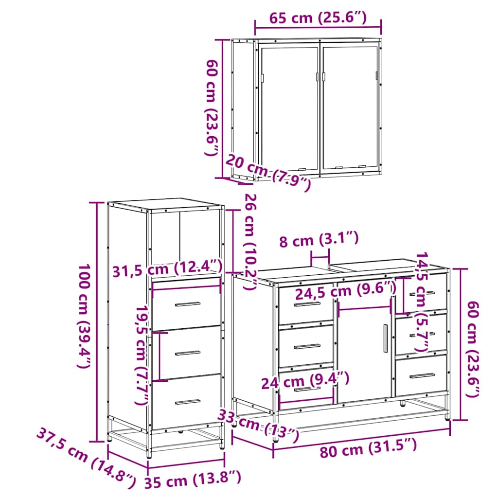 Set Mobili da Bagno 3 pz Rovere Fumo in Legno Multistrato | homemem39