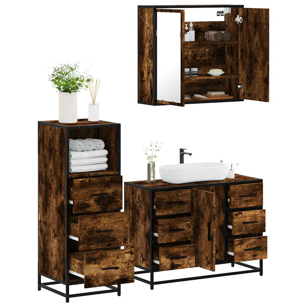 Set Mobili da Bagno 3 pz Rovere Fumo in Legno Multistrato | homemem39