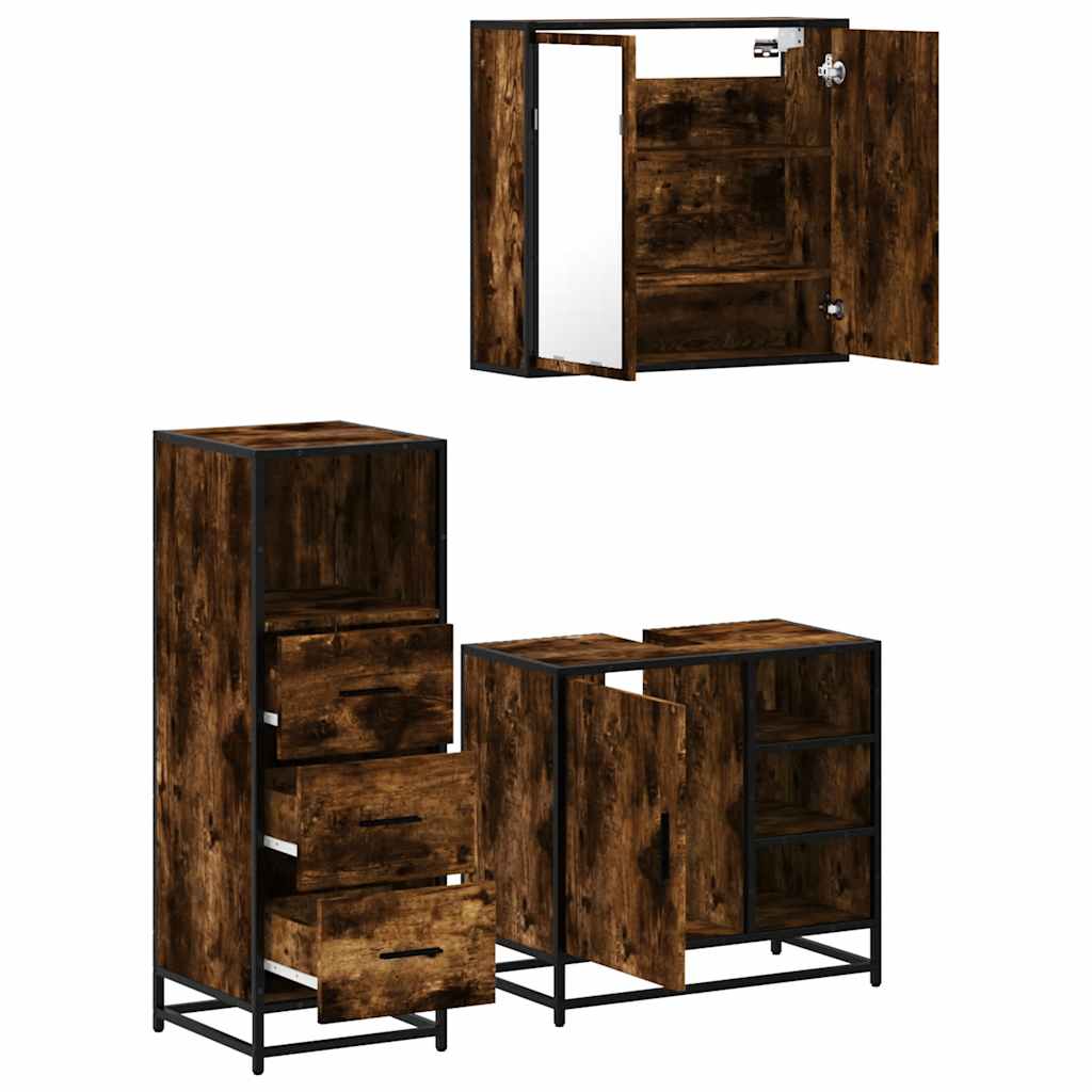 Set Mobili da Bagno 3 pz Rovere Fumo in Legno Multistrato | homemem39