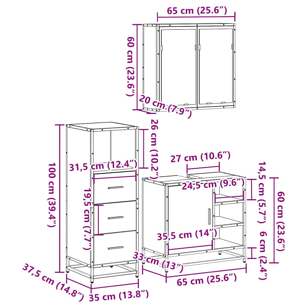 Set Mobili da Bagno 3 pz Rovere Fumo in Legno Multistrato | homemem39