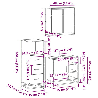 Set Mobili da Bagno 3 pz Grigio Sonoma in Legno Multistrato | homemem39